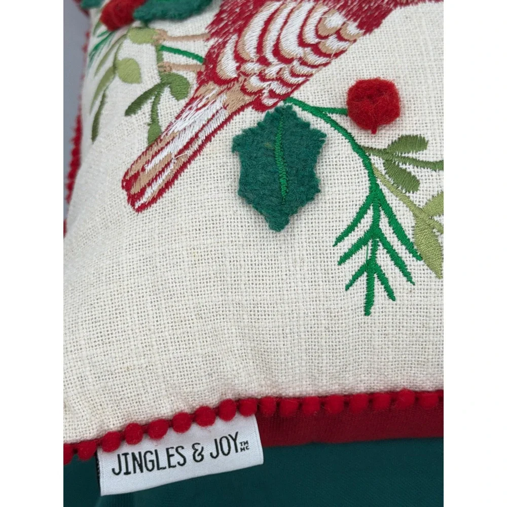 Jingles & Joy Merry Christmas Cardinal Embroidered Throw Pillow Red Pom Pom 11